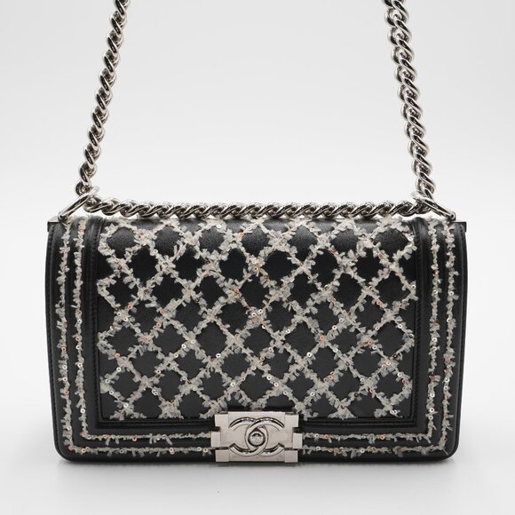 Pre-owned CHANEL Tweed Sequin Stitch Boy Bag - Picture 1 of 5
